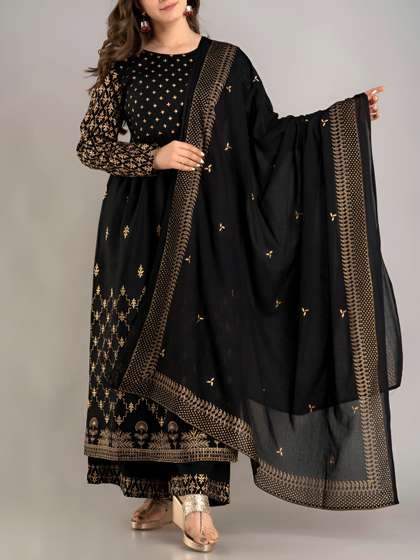 CELEBRAVO Ethnic
                          Motifs Printed Round Neck A-Line Kurta With
                          Palazzos & Dupatta