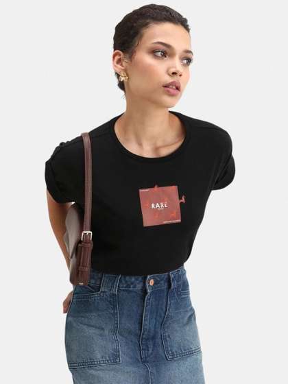 RAREISM Women Black
                        Graphic Print Relaxed Fit Half Sleeve Crew Neck
                        T-Shirt