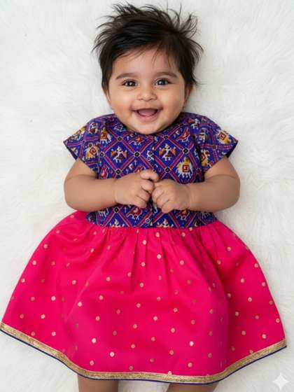 Sangria Girls Pink &
                    Blue Printed Ready to Wear Zari Lehenga and Blue
                    Patola Blouse Set
