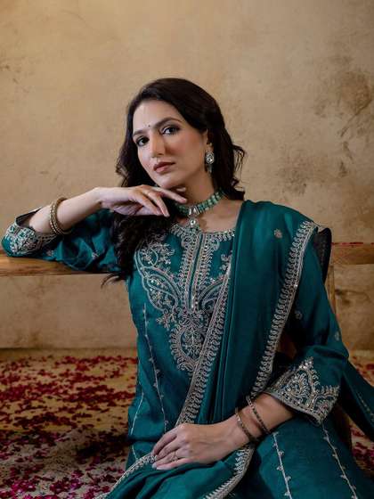 SANISA Women Teal
                        Blue Silk Blend Ethnic Motifs Sequined Kurta
                        & Trousers With Dupatta