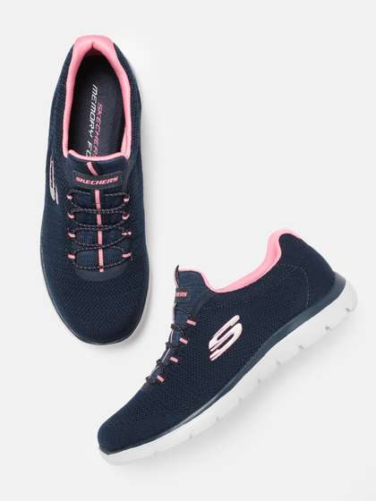 Skechers Women Navy
                        Blue & Pink Woven Design Sneakers