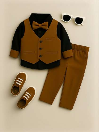 TOGEPI Boys Brown Pure
                    Cotton Party Wear Suit Set with Bow Tie