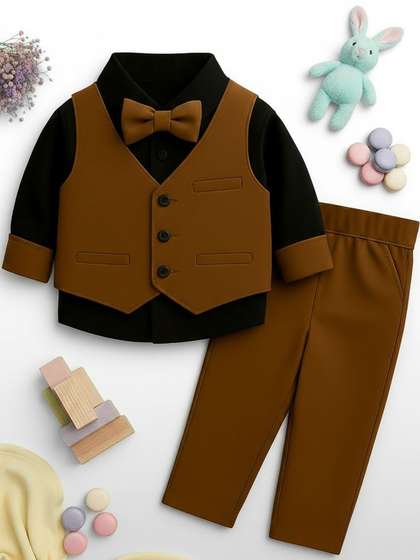 TOGEPI Boys Brown Cotton
                    Blend Long Sleeves Suit Clothing Set