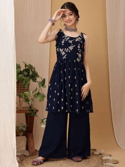 Inddus Girls Ethnic
                    Motifs Embroidered A-Line Kurta with Palazzos