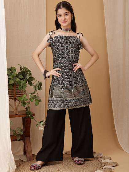 Inddus Girls Floral
                      Zari Sequinned Embroidered Jacquard Kurta Set
