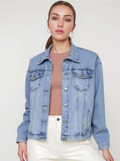 HERE&NOW Women
                      Spread Collar Solid Denim Jacket