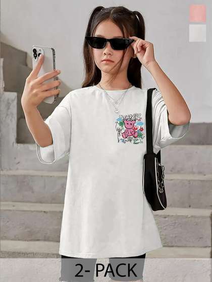 KEESOR Girls Pack of 2
                    printed Cotton oversized Tshirts