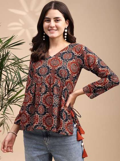 Youthnic Women
                          Ajrak Print Alia cut Peplum Kurti With Tassles
                          and Kodi