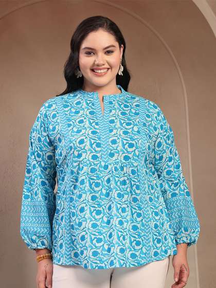 Little More By
                        Stylum Plus Size Women Cotton Floral Printed
                        Mandarin Collar Top