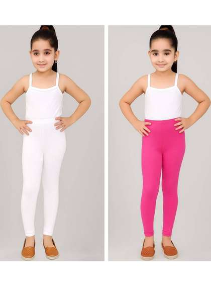 TIK TOK WEARS Girls
                      Pack Of 2 White & Pink Solid Cotton Churidar
                      Length Leggings