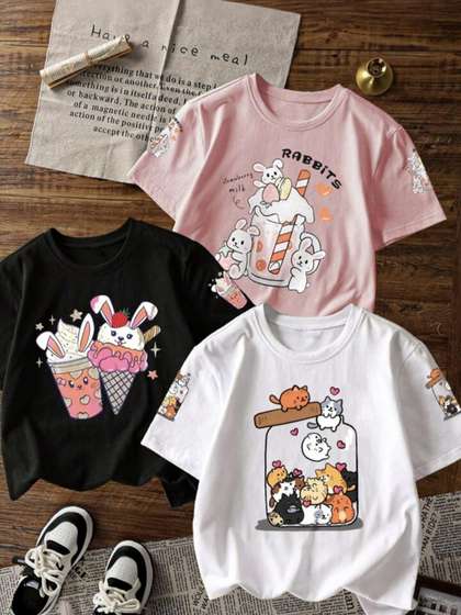 DAMN GUD DG Girls Pack
                      of 3 Graphic Printed Cotton T-shirts