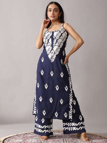 colorkosh Floral
                          Embroidered Chikankari Scoop Neck Straight
                          Kurta With Palazzos