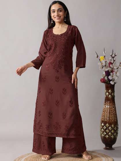 colorkosh Floral
                        Embroidered Chikankari Notch Neck Straight Kurta
                        With Palazzos