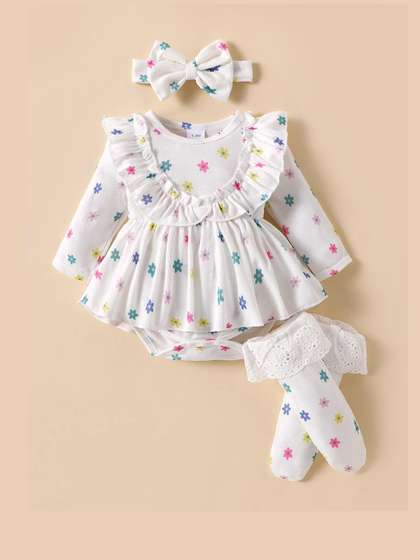 Hopscotch White Frills
                      & Floral Onesie Set