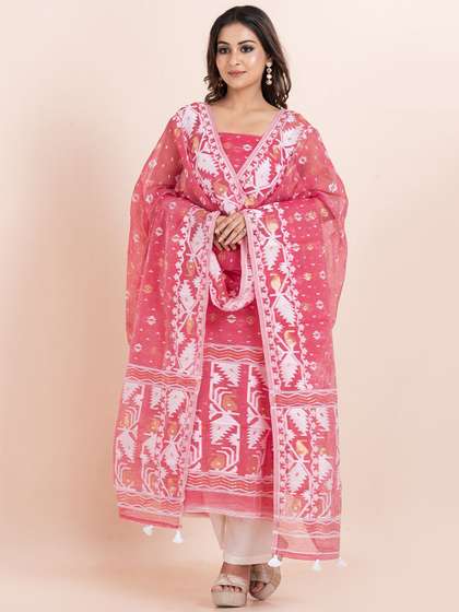 Durga Handloom
                        Jamdani Woven Design Zari Pure Cotton Unstitched
                        Kurti with Dupatta Dress Material