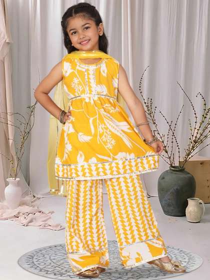 Cutiekins Girls Floral
                    Printed Gotta Patti A-Line Kurta With Palazzos &
                    Dupatta