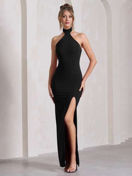 Price History of WANQUILA Women Halter-Neck Bodycon Dress with Front Slit  For Women (Red, S) from Ajio 2191_4336392