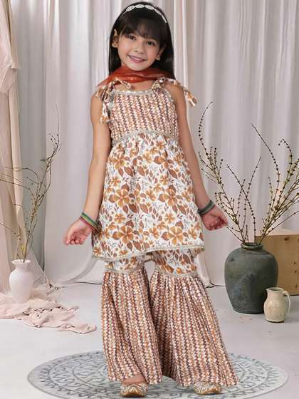 Cutiekins Girls Floral
                    Printed Gotta Patti A-Line Kurta With Sharara &
                    Dupatta