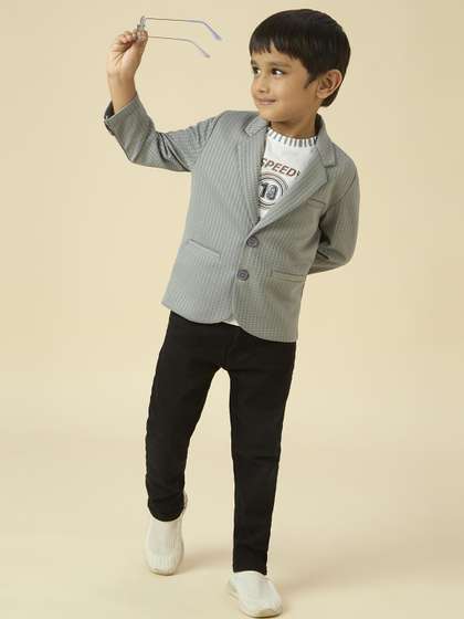 YK Lycra Boys Grey Full
                    Sleeves Blazer Set With Graphic Printed T-Shirt