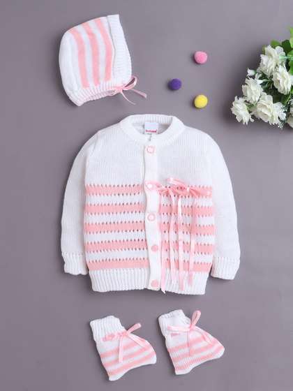 BUMZEE Infant Girls Full
                    Sleeves Sweater With Cap & Socks Apparel Set
