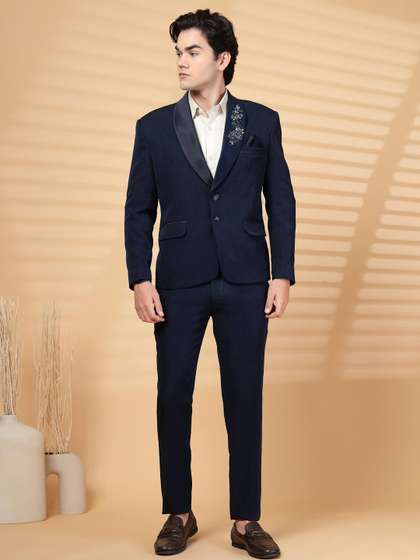 Klotthe Blue Solid
                          Embroidery Single-Breasted Two-Piece Party
                          Suit