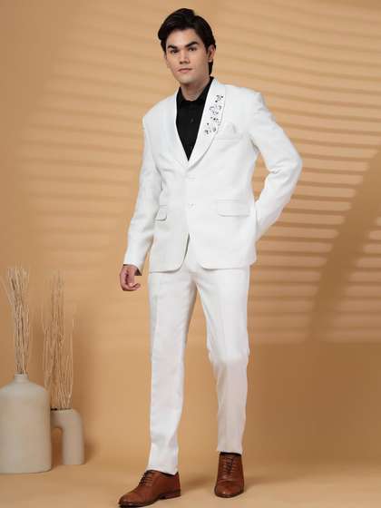 KLOTTHE Men White
                        Solid Embroidery Shawl Collar Two-Piece Party
                        Suit