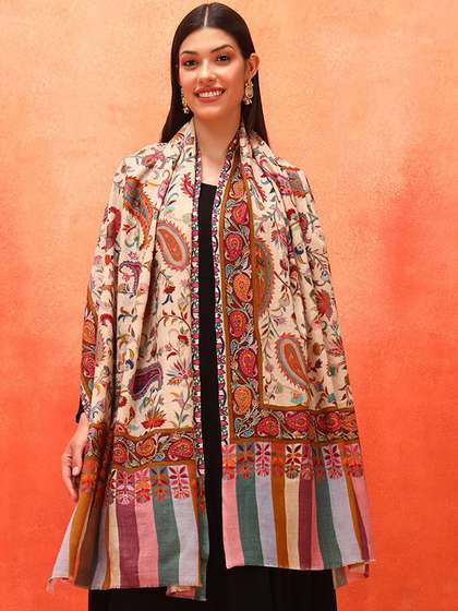 Pashmoda Paisley
                        Embroidered Naqqashi Pure Wool Kalamkari Shawl