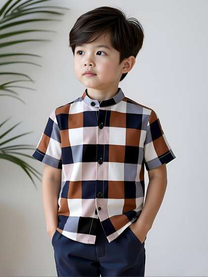 KIDGARB Boys Checkered
                      Mandarin Collar Casual Shirt
