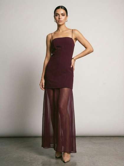 Phosphorus Panel
                        Detailed Shoulder Straps Sheer Maxi A-Line
                        Dress