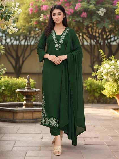 Aaghnya Women
                          Ethnic Motifs Embroidered Regular Thread Work
                          Kurta with Trousers & With Dupatta