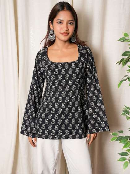 NISHORAMA Ethnic
                        Motifs Printed Square Neck Flared Sleeves Pure
                        Cotton Kurti