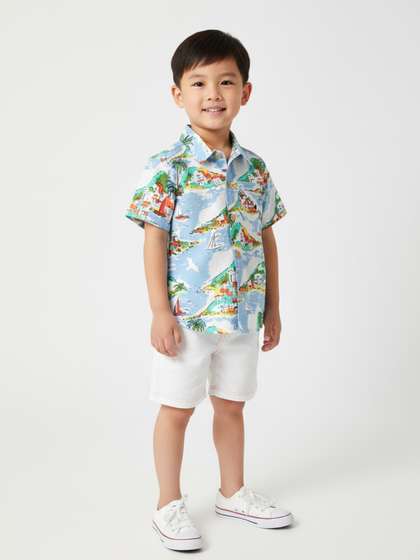 Nauti Nati Boys Blue
                    & White Printed Pure Cotton Shirt with Shorts