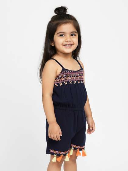 Nauti Nati Girls Navy
                    Blue Solid Playsuit with Embroidered Detail
