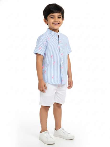 Nauti Nati Boys Blue
                    & White Striped Pure Cotton Shirt with Shorts
