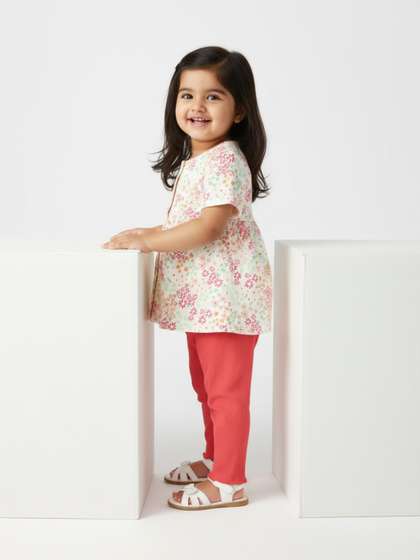 Nauti Nati Girls Floral
                    Printed Pure Cotton Top with Trousers