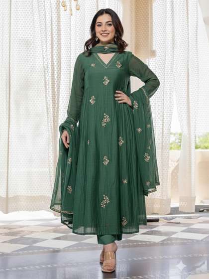 KALINI Women
                          Ethnic Motifs Embroidered Panelled Thread Work
                          Kurta with Trousers & With Dupatta