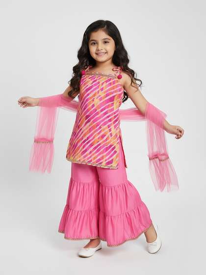 Nauti Nati Girls
                    Leheriya Printed Shoulder Straps Gotta Patti Kurti
                    with Sharara & Dupatta