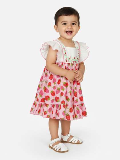 Nauti Nati Pink
                    Conversational Printed Embroidered Flutter Sleeve
                    A-Line Dress