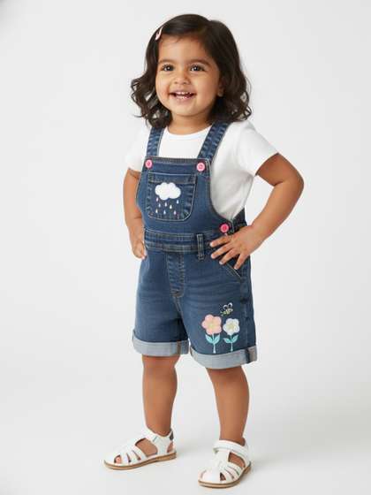 Nauti Nati Girls
                      Applique Work Pure Cotton Denim Dungaree