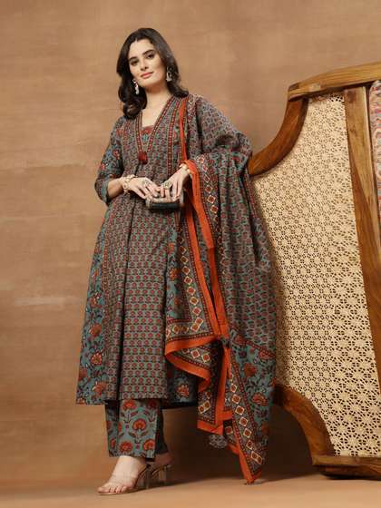 KIMAYRA Women
                          Ethnic Motifs Printed Panelled Pure Cotton
                          Kurta with Palazzos & With Dupatta