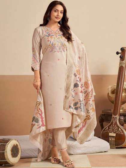 ASILYN Women Cream
                          Embroidered Straight Kurta with Trousers &
                          Printed Dupatta
