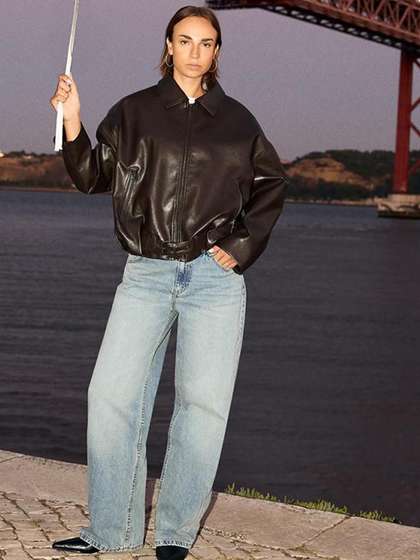 Bershka Faux leather
                        bomber jacket with belt