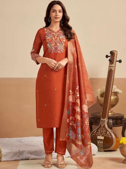 ASILYN Women Rust
                        Embroidered Straight Kurta With Trousers &
                        Printed Dupatta