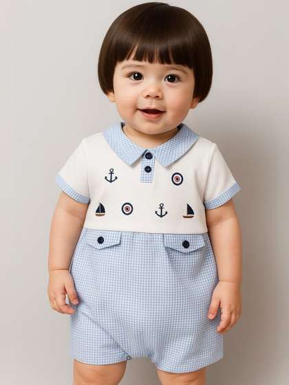 Moms Love Infant Boys
                    Boat Embroidered & Checked Cotton Romper