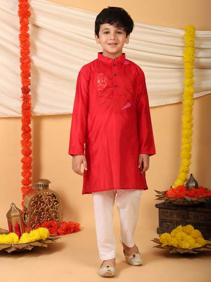 Here&Now X Kinder
                      Kids Boys Ethnic Motifs Regular Thread Work Pure
                      Cotton Kurta with Pyjamas