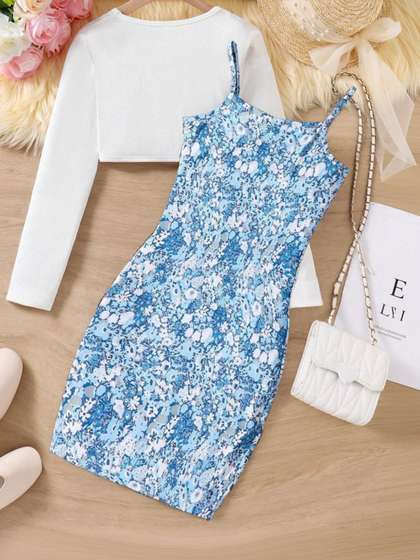 Sangria Girls Floral
                    Printed Bodycon Dress With Top
