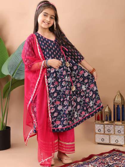 Here&Now X Kinder
                    Kids Girls Floral Printed Angrakha Pure Cotton Kurta
                    with Trousers & With Dupatta