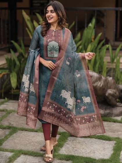 BOSARU Ethnic
                          Motifs Printed Linen Kurti