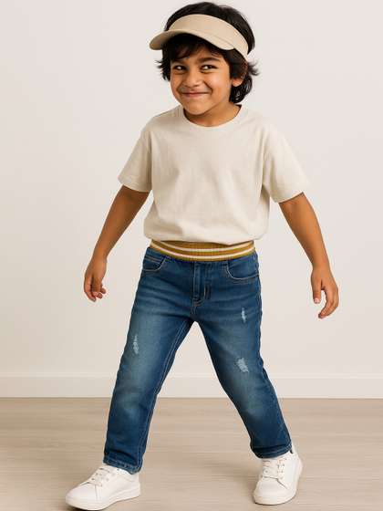 TALES & STORIES Boys
                    Blue Slim Fit Mid-Rise Low Distress Stretchable
                    Denim Jogger Jeans