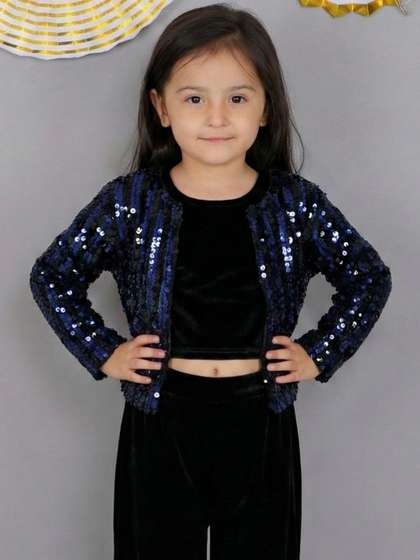 LIL DRAMA Girls Sequins
                    Velvet Crop Open Front Jacket